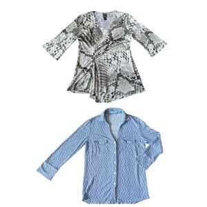 Lot of 2 J.McLaughlin Clara Sun Woo Top XS Blue Linen Snake Print Asymmetric Hem